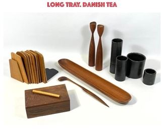 Lot 1374 Collection Wood and Pottery Modern Design Lot. Teak wood bookends. Lidded Box. Long tray. Danish Tea