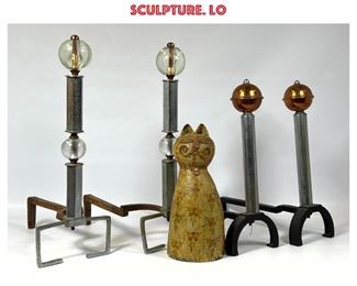 Lot 1376 2pr Modernist Fireplace Andirons. Both Pair with ball accents. Paper Mache Cat Figural Sculpture. Lo