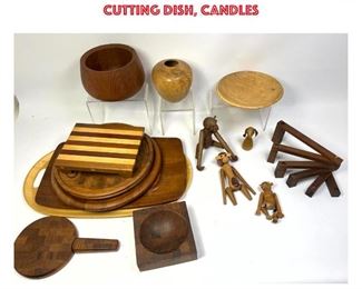 Lot 1380 Large Lot Mid Century Modern Wood wares. Danish Modern Monkeys, Serving trays, Cutting dish, candles