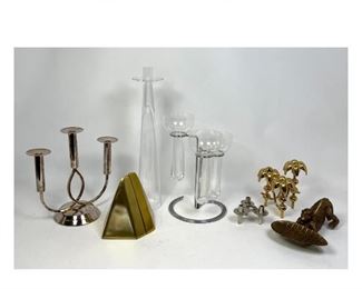 Lot 1385 Mid Century Modern Metal and glass lot. Bookends, candle holders, monkey tray.