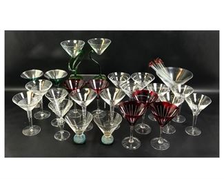 Lot 1386 Stemware lot with martini glasses and chili pepper stirrers. 
