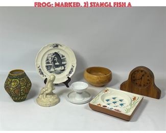 Lot 1389 20th C Pottery and Wood Lot. ROOKWOOD Pottery Child and Turtle Flower Frog marked. 2 STANGL Fish a