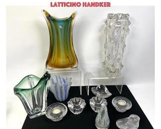 Lot 1391 11pc Collection of 20th Century Glass and Crystal. Vases, Bowls, etc. Murano style Latticino Handker