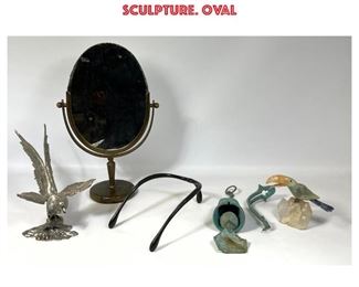 Lot 1398 5pc Modernist Design Lot. Patina Bronze Hanging Bell Chime and wall mount. Wishbone Sculpture. Oval 