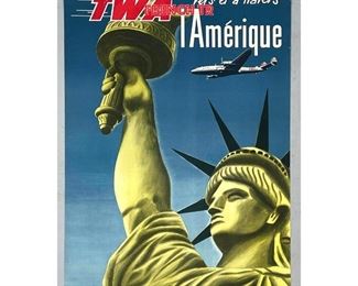 Lot 1412 TWA Travel Advertising Poster. Features the Statue of Liberty. L Amerique. Appealing to French Tr