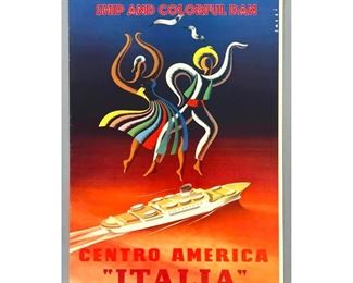 Lot 1420 CENTRO AMERICA ITALIA Travel Advertising Poster. Lithograph. Image of Cruise Ship and Colorful Dan