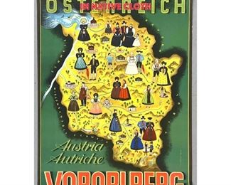 Lot 1422 OSTERREICH Austria Travel Advertising Poster. Lithograph. Map of Austria with people in native Cloth