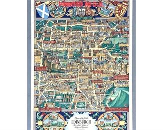 Lot 1428 EDINBURGH Travel Advertising Poster. Graphic Map with 3D renderings of Buildings. Printed in G.B. 