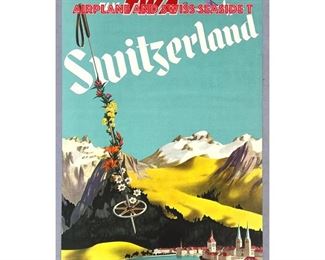 Lot 1436 Fly TWA to Switzerland Travel Advertising Poster. Lithograph. Shows TWA Airplane and Swiss Seaside T