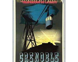 Lot 1438 GRENOBLE, FRANCE Travel Advertising Poster. Lithograph. Image of Cable Car. Teleferique de la Basti
