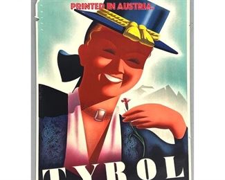 Lot 1444 TYROL Austria Travel Advertising Poster. Lithograph. Shows Woman in Blue Hat. Printed in Austria. 