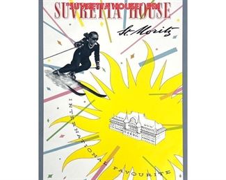 Lot 1445 ST MORITZ Switzerland Travel Advertising Poster. Lithograph. Image of Skier. Suvretta House Pri