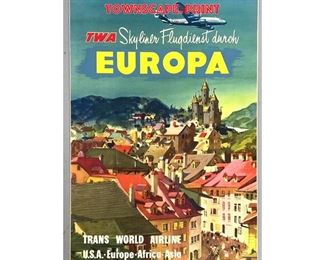 Lot 1447 TWA Travel Advertising Poster. Europa Lithograph. Shows TWA Airplane and European Townscape. Print