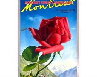 Lot 1449 MONTREUX Suisse Travel Advertising Poster. Lithograph. Switzerland. Red Rose against Swiss Landscape
