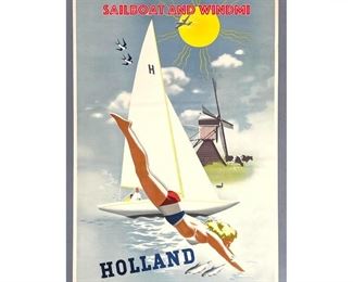 Lot 1450 HOLLAND Travel Advertising Poster. Lithograph. Vacation scene with female diver, sailboat and windmi
