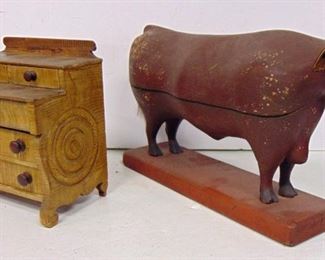 Folk art, cow by William Jauquet, painted miniature chest