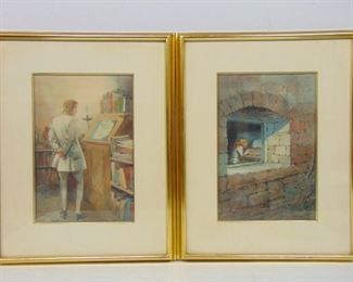 Pair watercolor paintings by Everett Shinn