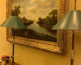 Pair of very heavy lamps, Artwork is an original oil by a Girocco Ronsnet local artist who has since passed away. It's absolutely beautiful in its original frame.  Such fine detail!  