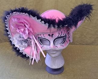Deluxe Plastic Masquerade Mask Ladies Pink Pirate With Tricorn Hat 
