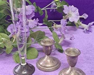 Two Sterling Silver Weighted Candle Stick Holders And A Sterling Silver Weighted Bud Vase