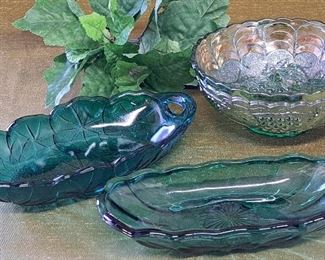 Antique Imperial Carnival Glass Green Bowl, Banana Bowl,