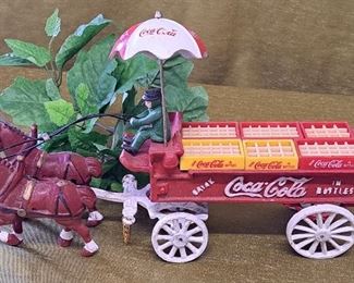 Vintage Coca Cola Cast Iron Horse Drawn Wagon