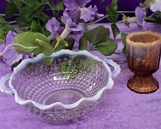 Fenton Hobnail Bowl And Fenton Topaz Opalescent Pedestal Toothpick Holder