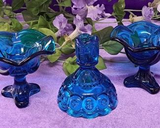 Vintage Footed Blue Candleholders, Blue Moon And Stars Candleholder