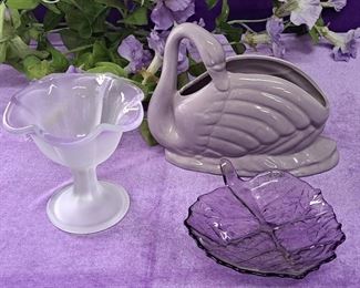 Vintage Ceramic Swan Planter, Lavender Glass Leaf, Frosted Glass Tulip