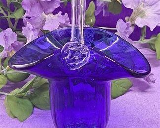 Vintage Art Glass Cobalt Blue Basket W/ Clear Handle