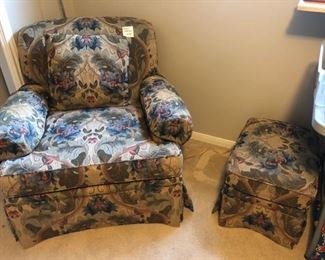 Wonderful skirted pillowback chair and ottoman in tapestry cover