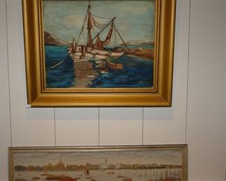 Framed Oil Painting of Fishing/Shrimp Boat