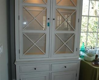 Matching Pair of Custom Painted China Cabinets or Bookcases with Lights