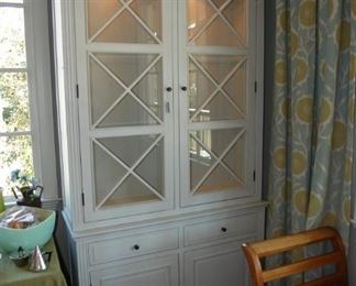 Pair of Custom Painted China Cabinets or Bookcases with Hardwired Lights