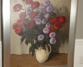 Framed Oil Painting - Still Life of Flowers & Vase