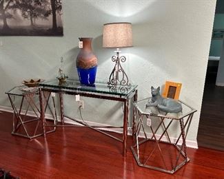 Chrome and Glass End Tables, Lamps