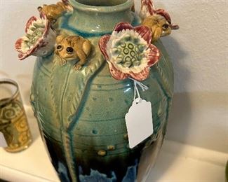 Majolica Frog and Lily Vase 