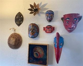 Mexico Folk Art Masks, Bali Mask, Zimbabwe Binga Tonga Basket, Cordova Wood Carving from New Mexico