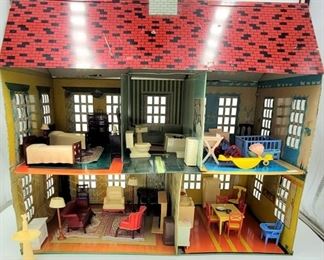 1950’s Renewal Tin Litho Doll House with Furnishings