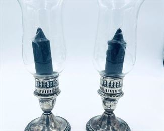 Rogers Brothers Sterling Candlesticks with Glass Hurricanes