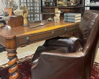Maitland Smith leather & wood desk, pair of leather armchairs, military & shriner hats.