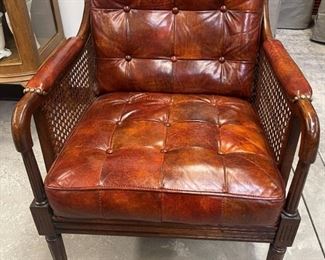 Tufted Leather & Wood Armchair with Caned Sides