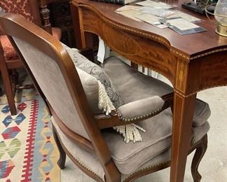 Pair of Suede Armchairs, Antique Heplewhite Inlaid Entry Table