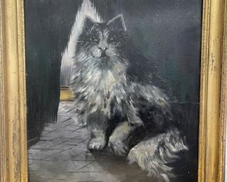 Antique Oil on Canvas Cat Portrait 