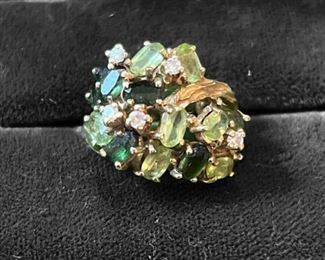 14k Gold, Emerald Diamond Cocktail Cluster Ring