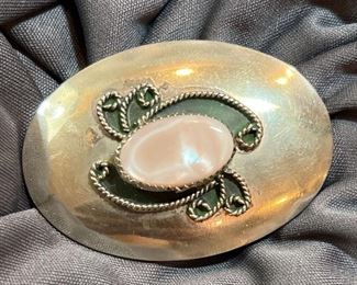 Artisan Silver Belt Buckle With Pink Center Stone Stamped EMP