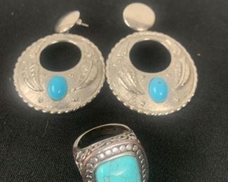 Turquoise Costume Earrings and Ring Set