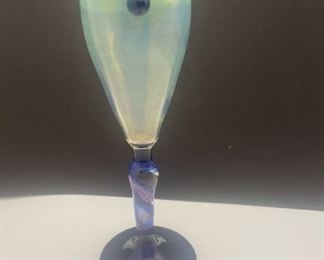 Vintage Decorative Glass with Yellow Hue and Swirled Blue Purple Stem 2004 Signed