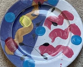 1980s Lassor Hand Painted Abstract Large Plate