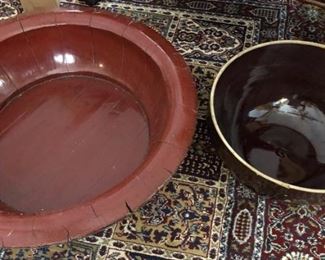 Red Lacquerware wood Chinese rice storage bowl & huge brown stoneware bowl